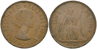 Великобритания 1 пенни 1966 Елизавета II (1952-2022) KM 897, Spink 4157 бронза 81-445