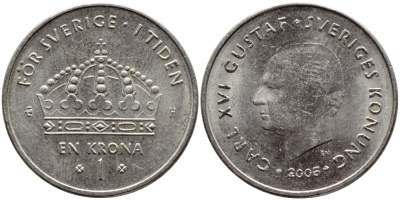 Швеция 1 крона 2005 Карл XVI Густав (1973- ) KM 894 медно-никель 4681-557