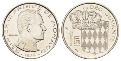 Монако 1 франк 1974 Ренье III (1949-2005), тираж 7.000 экземпляров KM 140 никель BU 4642-146