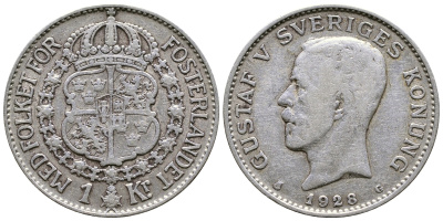 Швеция 1 крона 1928 G, Густав V (1907-1950) KM 786.2 серебро 4178-625