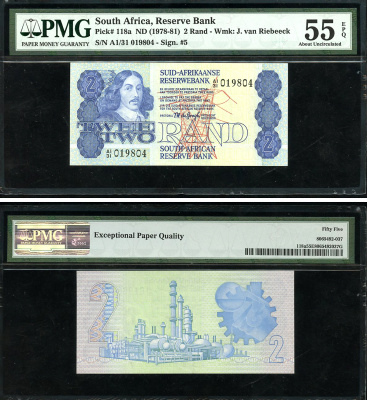 ЮАР 2 ранда ND (1978-81) Бартоломеус Вермуйден, нефтеперерабатывающий завод, африкаанс-английский, в слабе PMG 55 About Uncirculated Pick 118 a бумага  aUNC  452-1-52