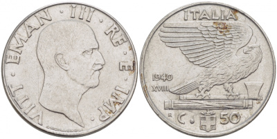 ИТАЛИЯ 50 ЧЕНТЕЗИМО 1940 R, ВИКТОР ИМАНУИЛ, XVIII ГОД KM 76b сталь 77-847