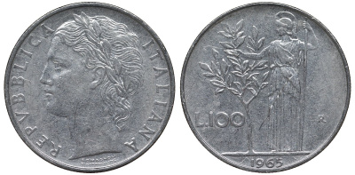 Италия 100 лир 1965 R, Афина в доспехах KM 96.1 нержавеющая сталь 4123-1231