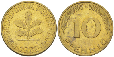 ФРГ 10 ПФЕННИГОВ 1981 G KM 108, J. 383 сталь плакированная латунью 4182-925