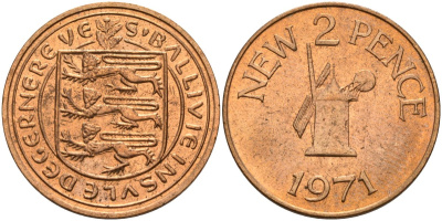 Гернси 2 пенса 1971 Елизавета II (1952-2022), ветряная мельница KM 22 бронза 4153-714