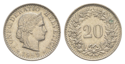 Швейцария 20 раппенов 1959 B KM 29a медно-никель 4625-1065