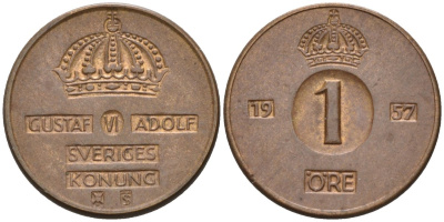 Швеция 1 эре 1957 Густав VI Адольф (1950-1973) KM 820 бронза 4580-1057
