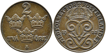 Швеция 2 эре 1923 Густав V (1907-1950), редкий год KM 778 бронза 80-554