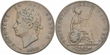 Великобритания 1/2 пенни 1827 Георг IV (1820-1830) KM 692, Spink 3824 медь 1515-2212