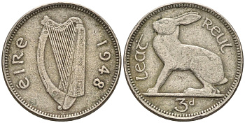 Ирландия 3 пенса 1943 заяц KM 12a медно-никель 4174-313