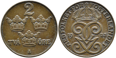 Швеция 2 эре 1923 Густав V (1907-1950), редкий год KM 778 бронза 80-554