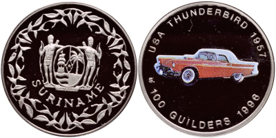 Суринам 100 гульденов 1996 США, Thunderbird 1957, эмаль KM 47 медно-никель PROOF 1524-711