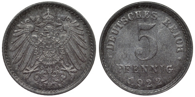 Германия 5 пфеннигов 1922 E KM 19, J. 297, Weege 5 железо 4118-1247