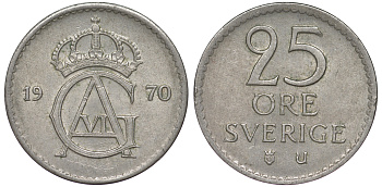 Швеция 25 эре 1970 Густав VI Адольф (1950-1973) KM 836 медно-никель 45-426