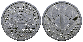 Франция 2 франка 1943 правительство Виши KM 904.1 алюминий 261-456