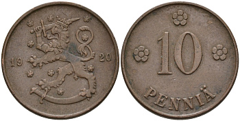 Финляндия 10 пенни 1920 республика (1918-1962) KM 24 медь 4563-611