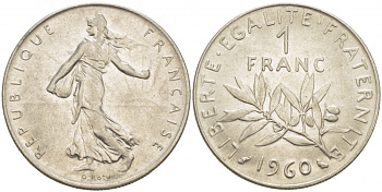 ФРАНЦИЯ 1 ФРАНК 1960 СЕЯТЕЛЬ KM 925.1, LE FRANC 226.4 никель 4523-156