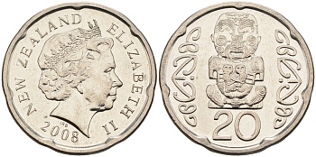 Новая Зеландия 20 центов 2008 Елизавета II (1952-2022), идол Пукаки KM 118а никелированная сталь 4579-1224