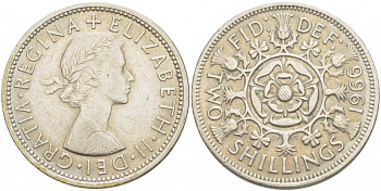 Великобритания 2 шиллинга (флорин) 1966 Елизавета II (1952-2022) KM 906, Spink 4146 медно-никель 215-232