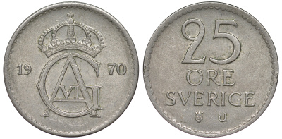 Швеция 25 эре 1970 Густав VI Адольф (1950-1973) KM 836 медно-никель 45-426