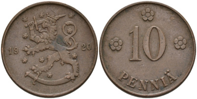 Финляндия 10 пенни 1920 республика (1918-1962) KM 24 медь 4563-611