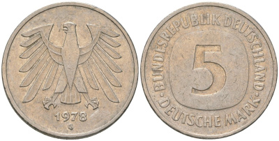 ФРГ 5 марок 1978 G KM 140.1 медно-никель 4557-845