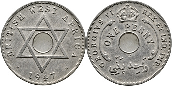 Британская Западная Африка 1 пенни 1947 Георг VI (1937-1952) KM 19 медно-никель 1523-233
