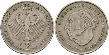 ФРГ 2 марки 1973 J, Конрад Аденауэр KM 124, J. 406 медно-никель 4159-1232