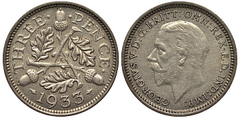 Великобритания 3 пенса 1933 Георг V (1910-1936) KM 831, Spink 4042 серебро 4528-542