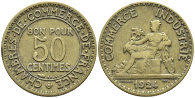 ФРАНЦИЯ 50 САНТИМОВ 1924 KM 834 алюминиевая бронза 4392-737