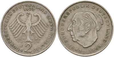 ФРГ 2 марки 1973 J, Конрад Аденауэр KM 124, J. 406 медно-никель 4159-1232