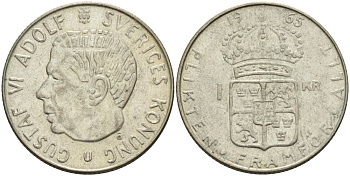 Швеция 1 крона 1965 U, Густав VI Адольф (1950-1973) KM 826 серебро 4542-526