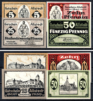 Альштедт (Тюрингия) полный набор из 4 нотгельдов (5, 10, 25 и 50 пфеннигов) ND Mehl Grabowski A7 бумага UNC (пресс) 7556-42-1-1