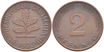 ФРГ 2 ПФЕННИГА 1976 G KM 106a, J. 381a сталь плакированная сталь плакированная медьюю 116-332