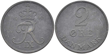 Дания 2 эре 1960 C; S, Фредерик IX (1947-1972) KM 840.2 цинк 67-315