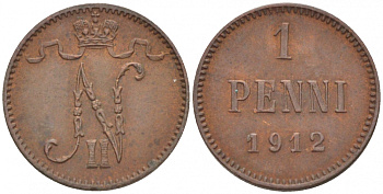 Россия для Финляндии 1 пенни 1912 Николай II (1894-1917) KM 13, Биткин 472 медь 4396-1361