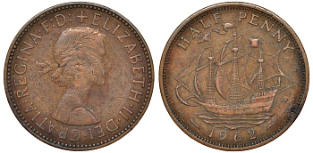 Великобритания 1/2 пенни 1962 Елизавета II (1952-2022) KM 896, Spink 4158 бронза 4175-1014