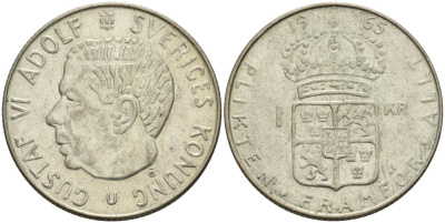 Швеция 1 крона 1965 U, Густав VI Адольф (1950-1973) KM 826 серебро 4542-526