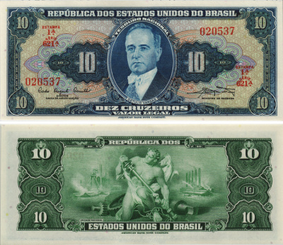 БРАЗИЛИЯ 10 КРУЗЕЙРО 1961 ESTAMPA 1А, SERIA 621А, ПОДПИСЬ 9 Pick 167а бумага UNC (ПРЕСС) 8605-43-2-2