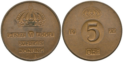 Швеция 5 эре 1970 U, Густав VI Адольф (1950-1973) KM 822 бронза 4620-414