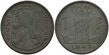 Бельгия 1 франк 1943 Belgique - Belgie, Леопольд III (1934-1947), германская оккупация, Вторая мировая война KM 127 цинк 4161-532