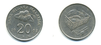 Малайзия 20 сенов 2002 цветок KM 52 медно-никель 3999-641
