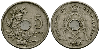 Бельгия 5 сантимов 1920 Belgique KM 66 медно-никель 4173-452
