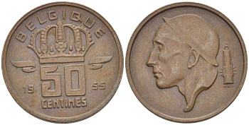 БЕЛЬГИЯ 50 САНТИМОВ 1955 BELGIQUE KM 144 бронза 96-113