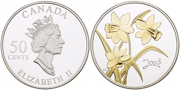 Канада 50 центов 2003 Елизавета II (1952-2022), цветы, позолота KM 475 серебро PROOF 1082-1-51