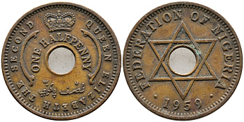 Нигерия 1/2 пенни 1959 Елизавета II (1952-), Британский протекторат KM 1 бронза 4387-538