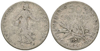 Франция 50 сантимов 1908 KM 854 серебро 4615-968