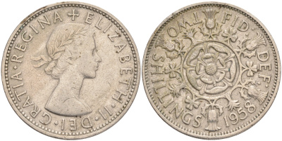 Великобритания 2 шиллинга (флорин) 1958 Елизавета II (1952-2022) KM 906, Spink 4146 медно-никель 189-635