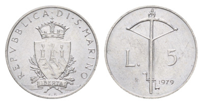 Сан-Марино 5 лир 1979 Институциональные органы государства KM 91 алюминий UNC 4647-225