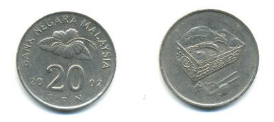 Малайзия 20 сенов 2002 цветок KM 52 медно-никель 3999-641